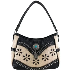 borsa hobo western bicolore con concho turchese e pendenti a piuma