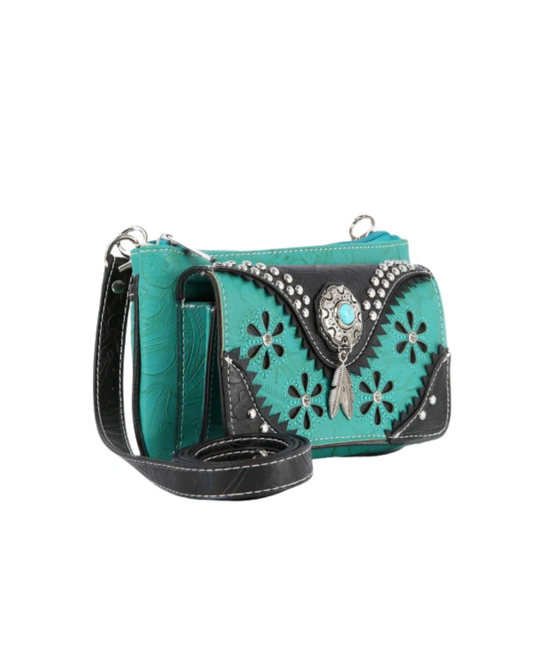 Borsa Western Donna Turchese con Lavorazione Floreale a Rilievo 0