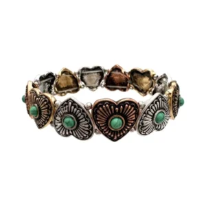 bracciale western cuori metallo misto argento rame turchese elastico