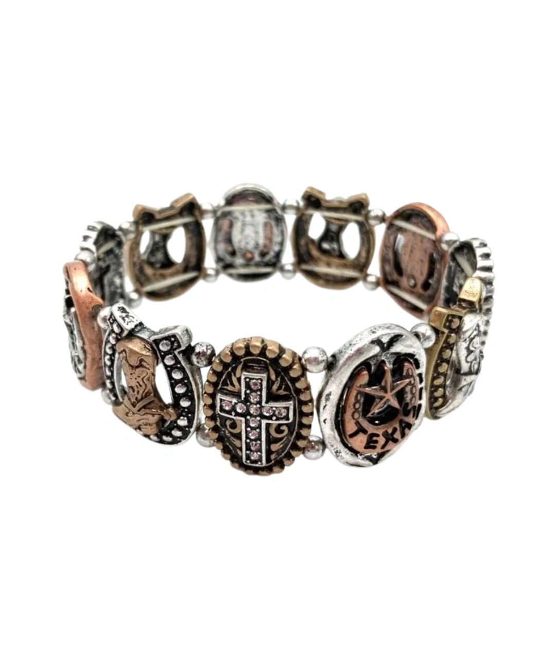 Bracciale elastico western con stella Texas, ferro di cavallo e croce 0