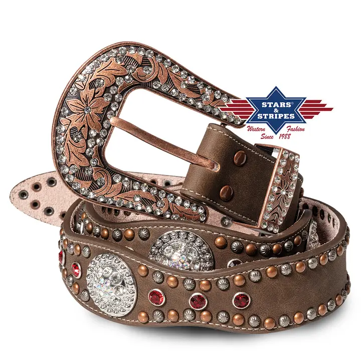cintura western in pelle stars stripes stone-7 marrone strass