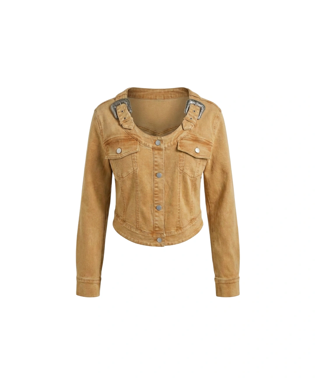 Giacca Denim Western Cammello Lavato con Fibbie Argentate allo Scollo 0