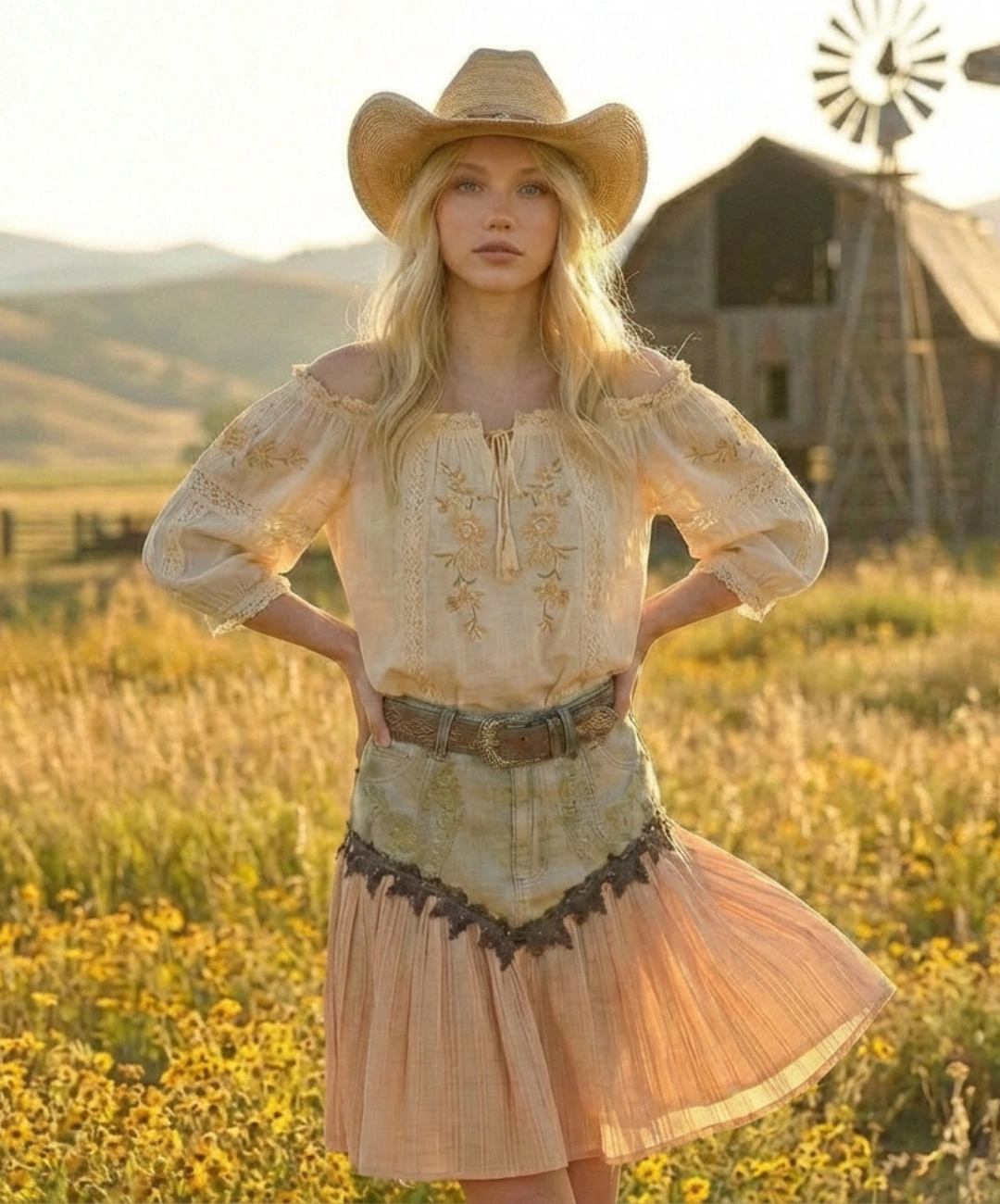 Gonna Corta Western in Jeans e Plissé con Pizzo e Perle 0