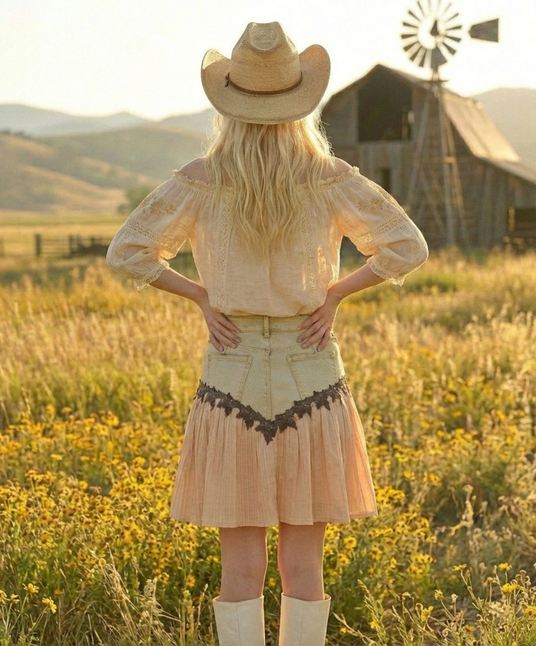 Gonna Corta Western in Jeans e Plissé con Pizzo e Perle 1