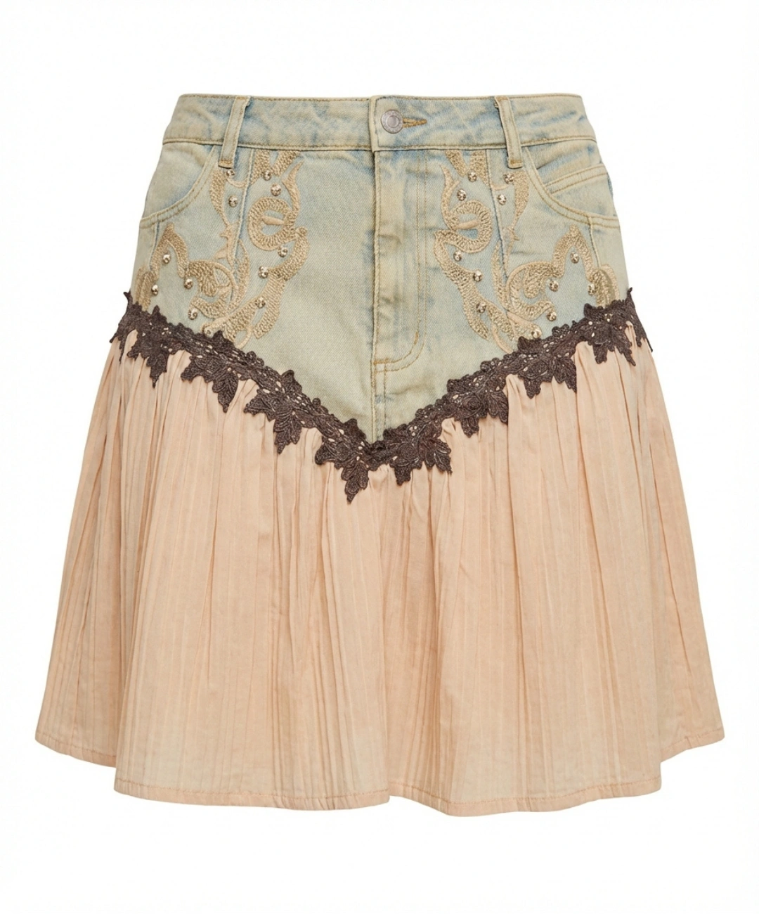Gonna Corta Western in Jeans e Plissé con Pizzo e Perle 10
