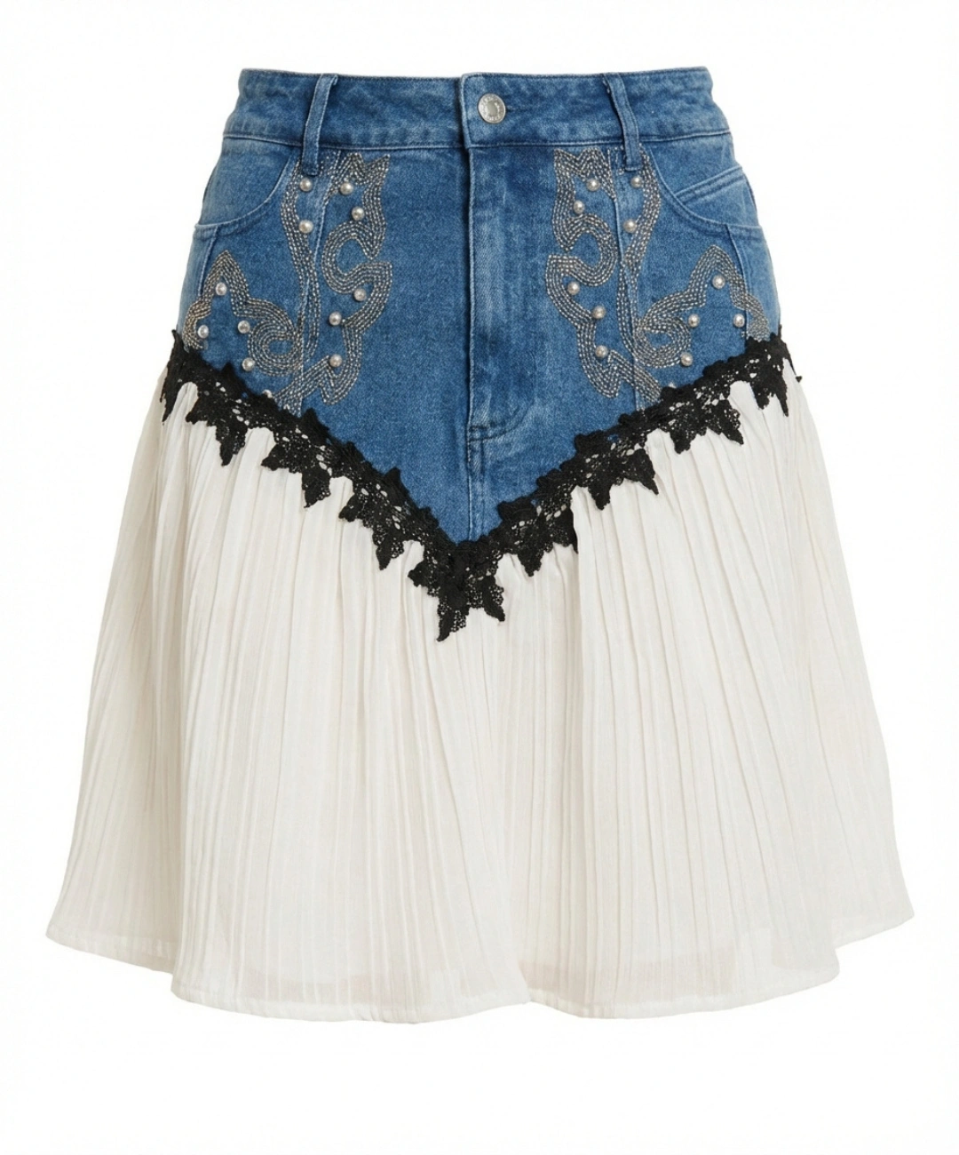Gonna Corta Western in Jeans e Plissé con Pizzo e Perle 11