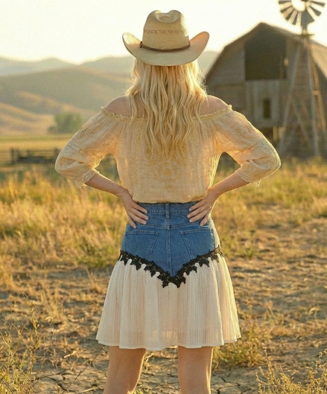 Gonna Corta Western in Jeans e Plissé con Pizzo e Perle 4