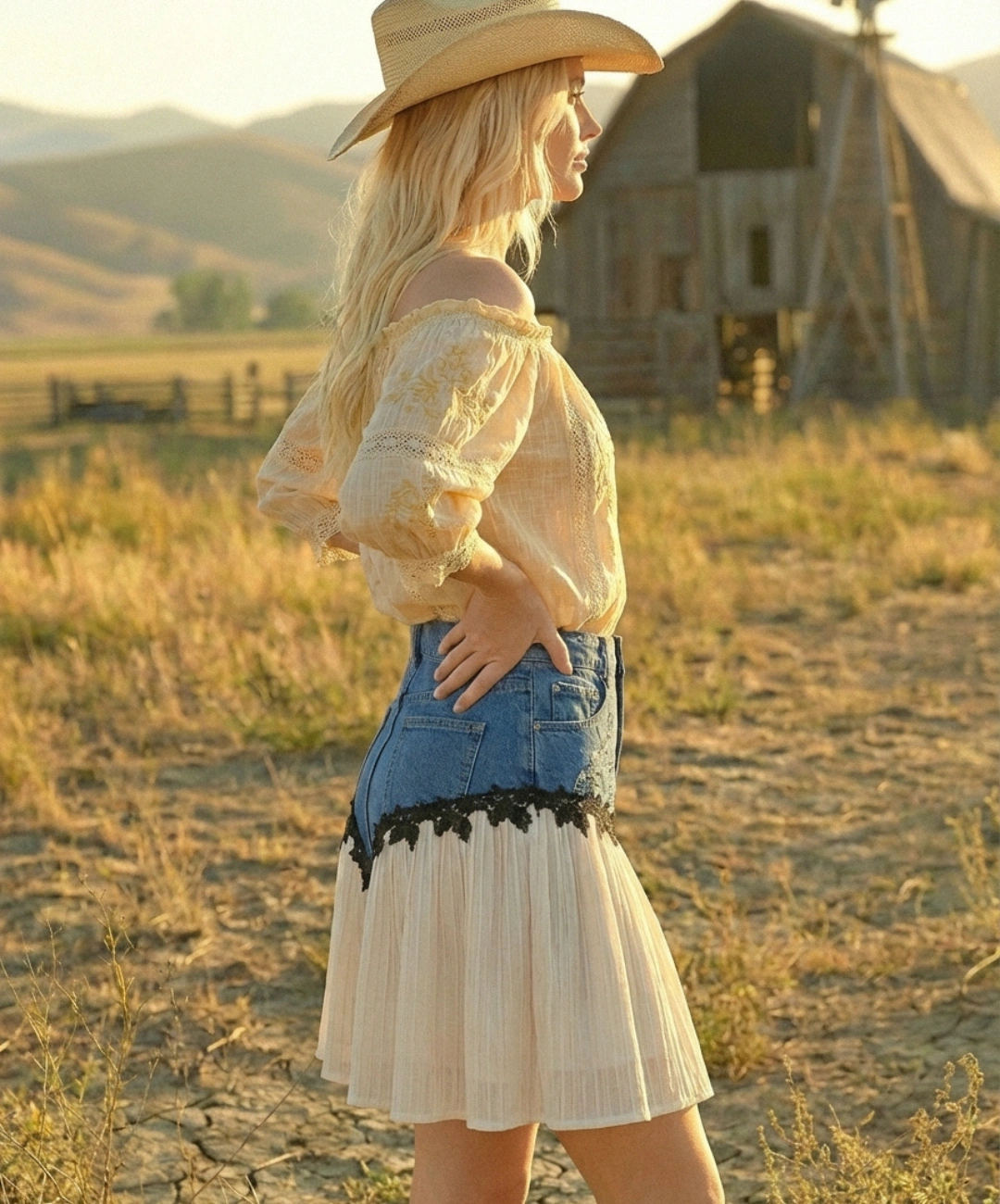 Gonna Corta Western in Jeans e Plissé con Pizzo e Perle 5