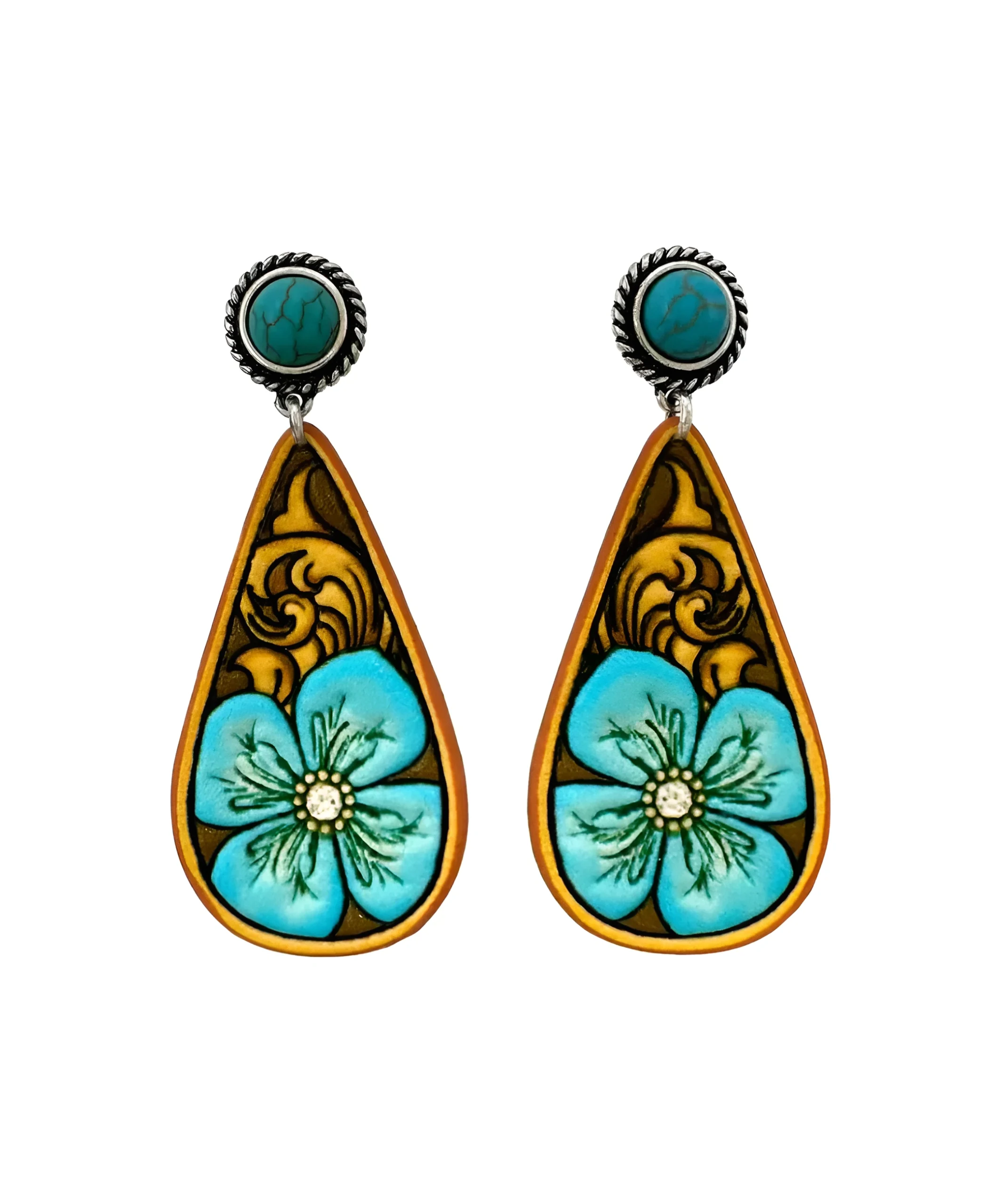 Orecchini Western in pelle lavorata a forma di fiore a goccia 0