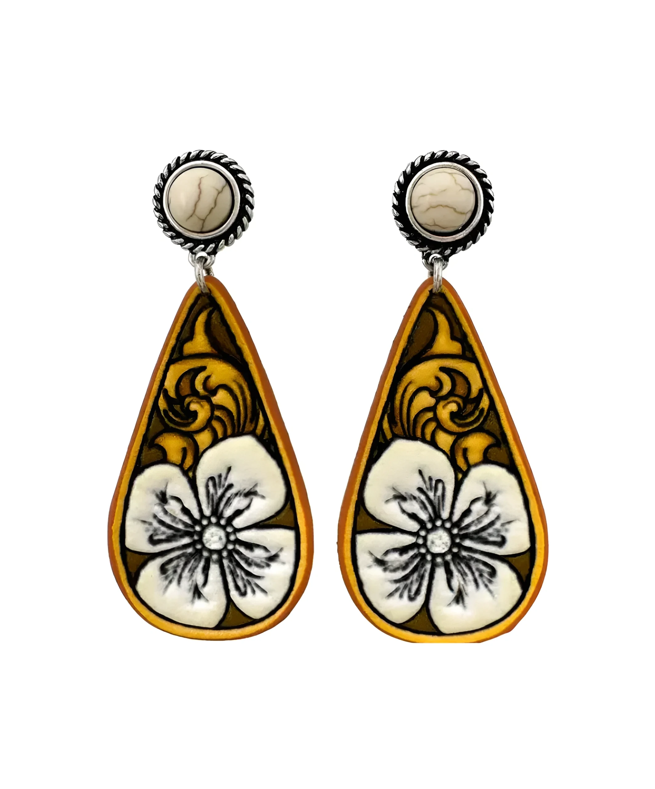 Orecchini Western in pelle lavorata a forma di fiore a goccia 1