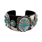 Bracciale Rigido Western in Vera Pelle Bovina e Conchos Turchesi