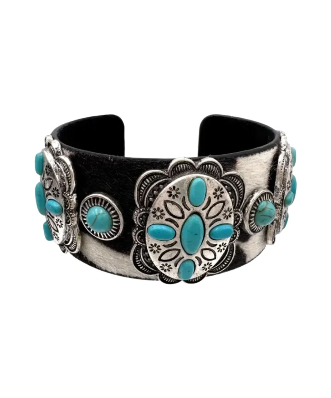 Bracciale Rigido Western in Vera Pelle Bovina e Conchos Turchesi
