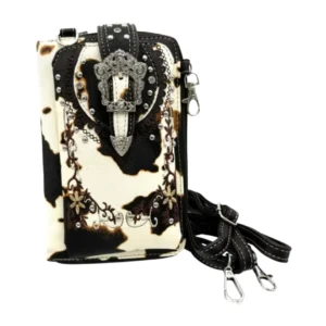 portafoglio western stampa mucca ricami floreali fibbia corona strass