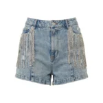 Shorts Jeans Western Glam con Frange di Strass e Tasche Cow Print 3