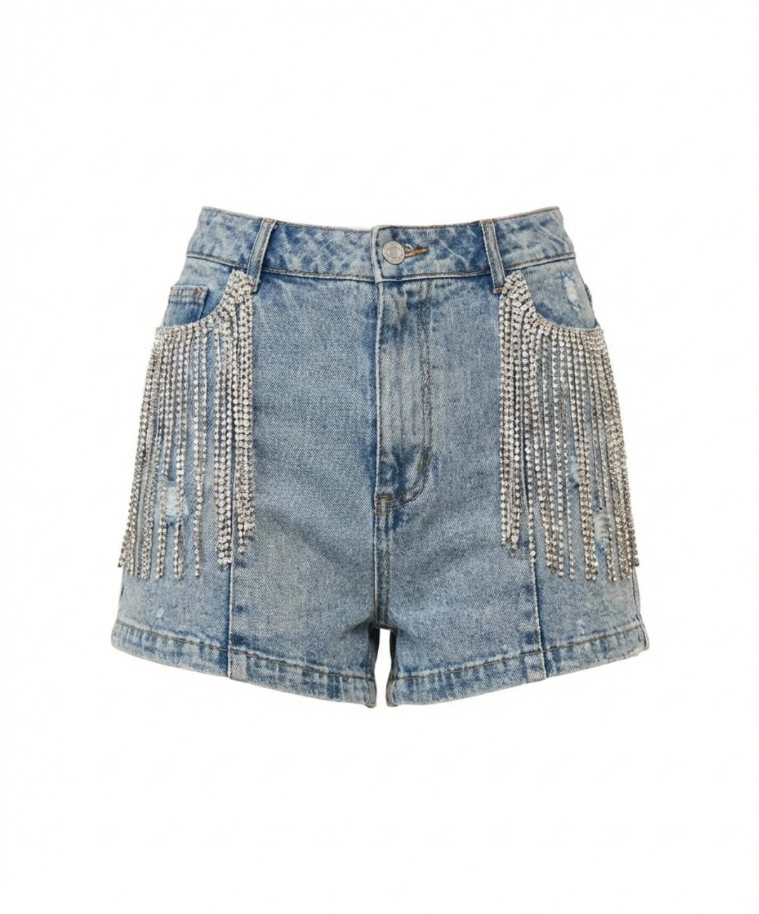 Shorts Jeans Western Glam con Frange di Strass e Tasche Cow Print 3