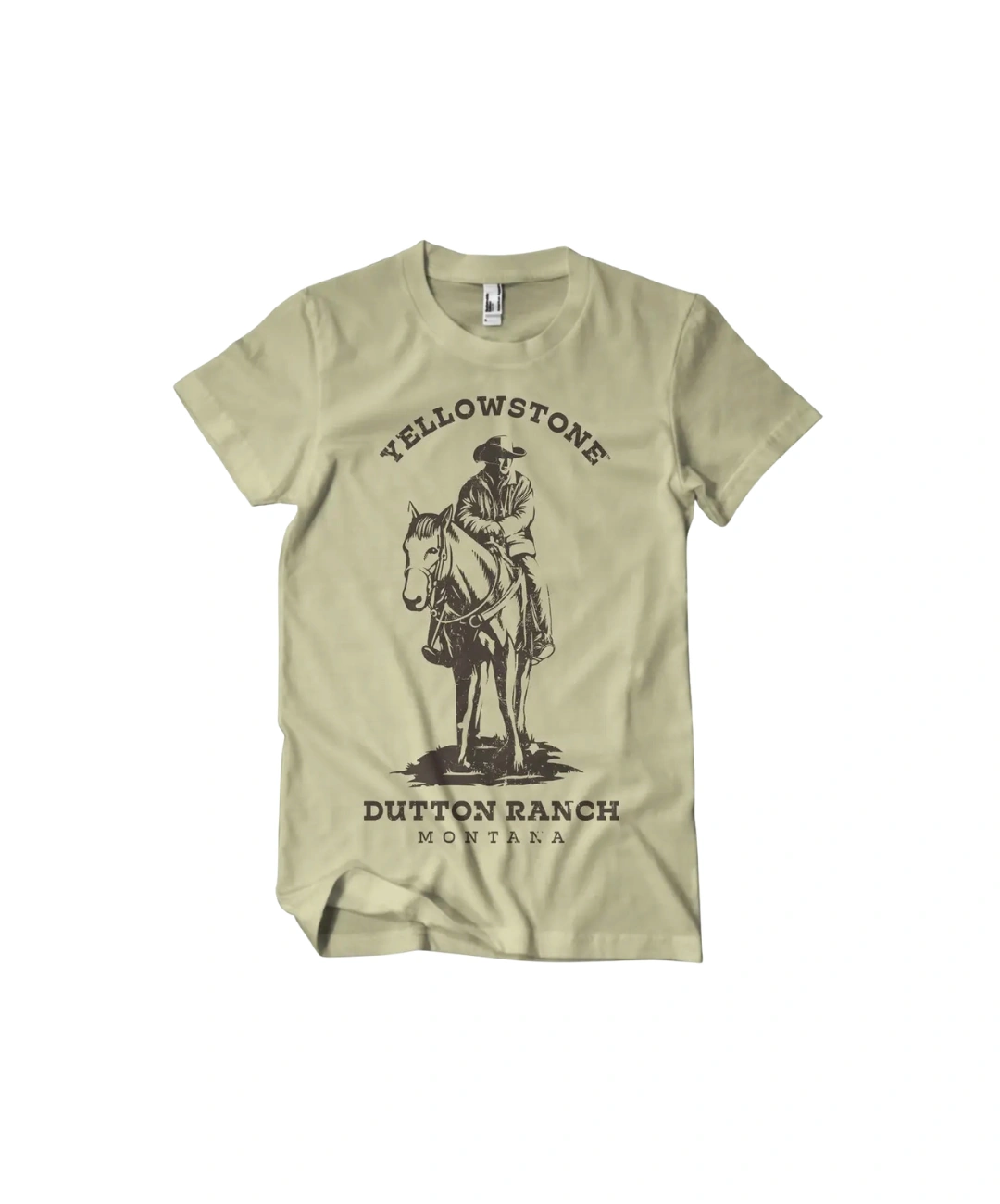T-Shirt Yellowstone Dutton Ranch Montana Color Sabbia con Cowboy a Cavallo 0