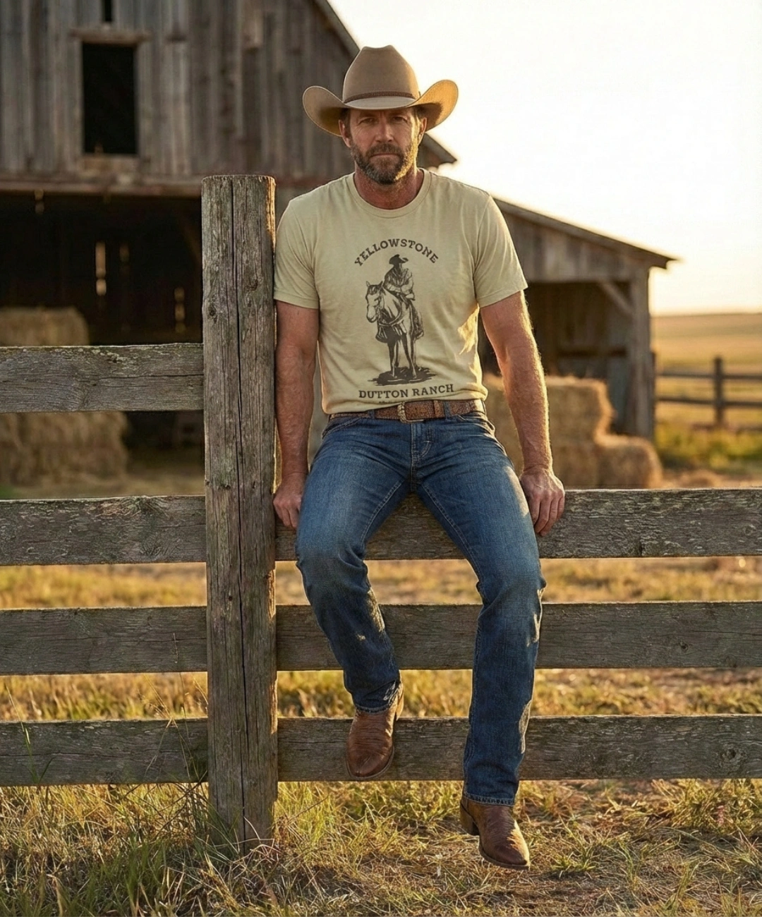 T-Shirt Yellowstone Dutton Ranch Montana Color Sabbia con Cowboy a Cavallo 1