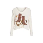 Top Western Made in USA Panna con Stampa Stivali Cowgirl e Stelle 0