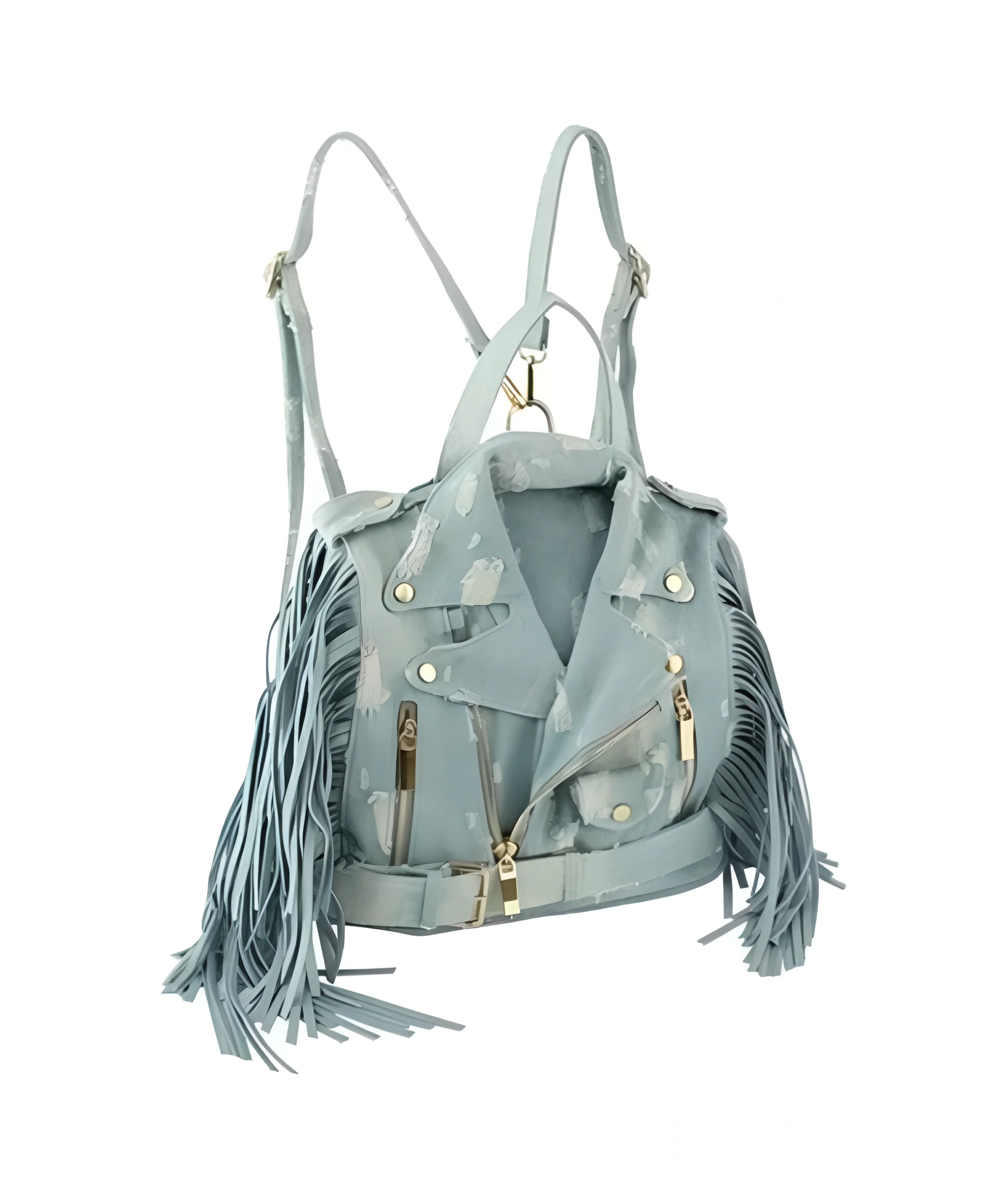 Zaino in denim con frange e design giacca da motociclista 0