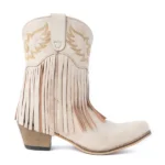 stivaletti cowgirl avorio Myra Desert Angel con frange bianche e ricami dorati