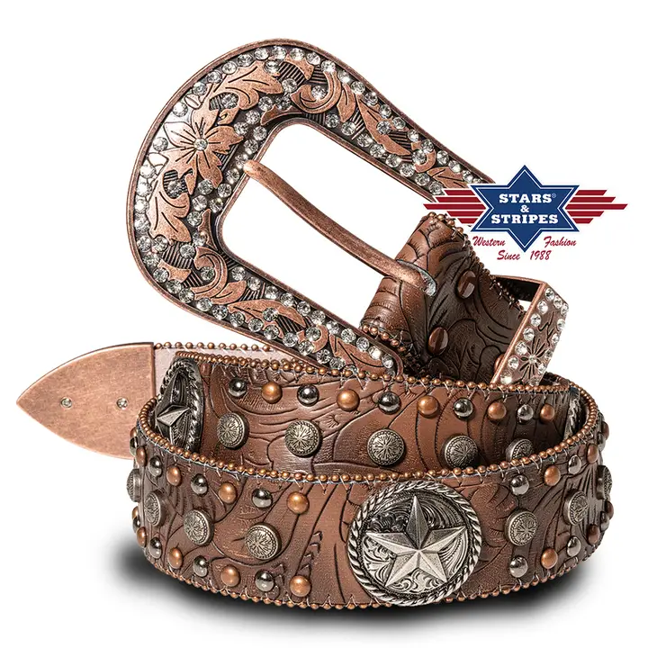cintura western pelle Stars Stripes con star conchos iconici stile cowboy